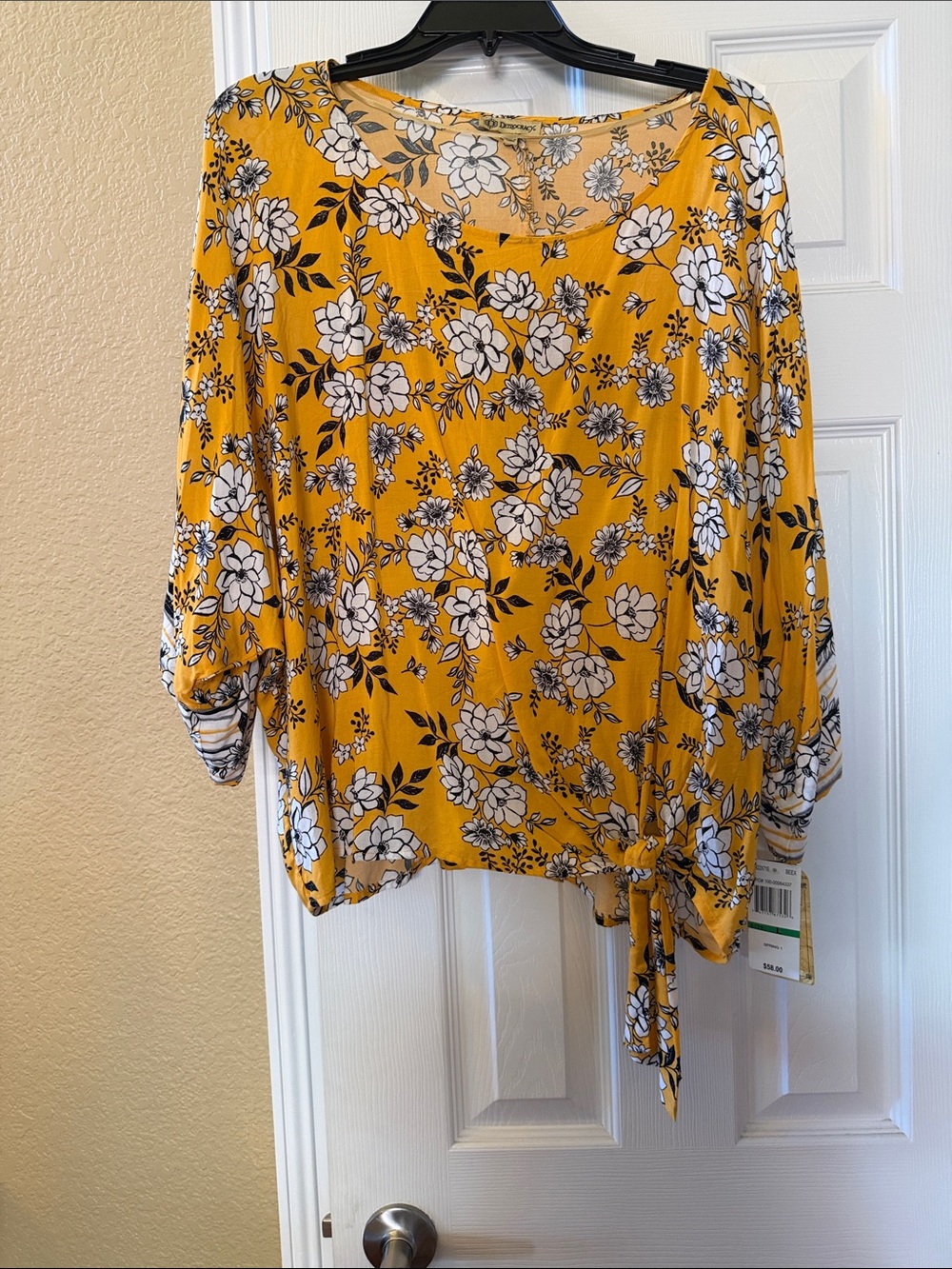 Floral Tie-Hem Women's Top in Mustard Yellow